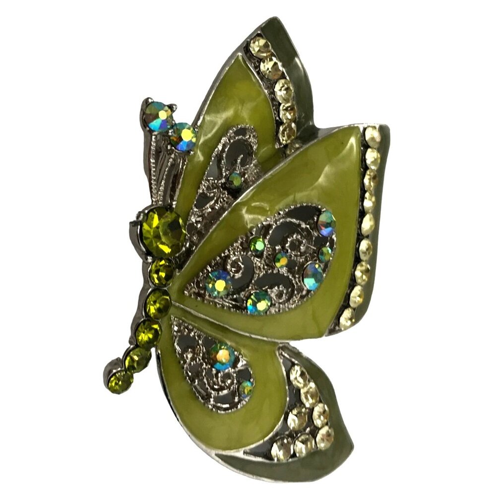 Roman Green Enamel AB Rhinestone Butterfly Brooch Pin, Signed M97